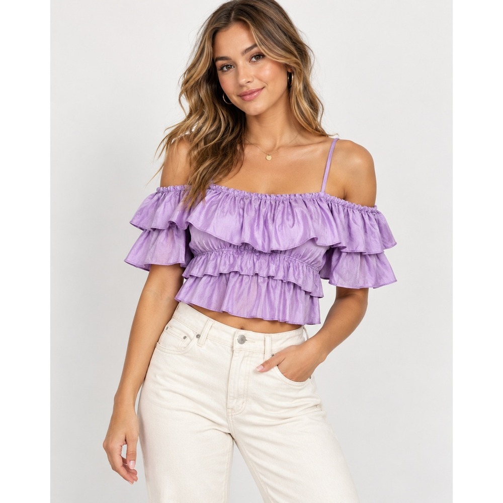 Idem Ditto Women's Small Lilac Ruffle Cold Shoulder Crop Top Boho Festival